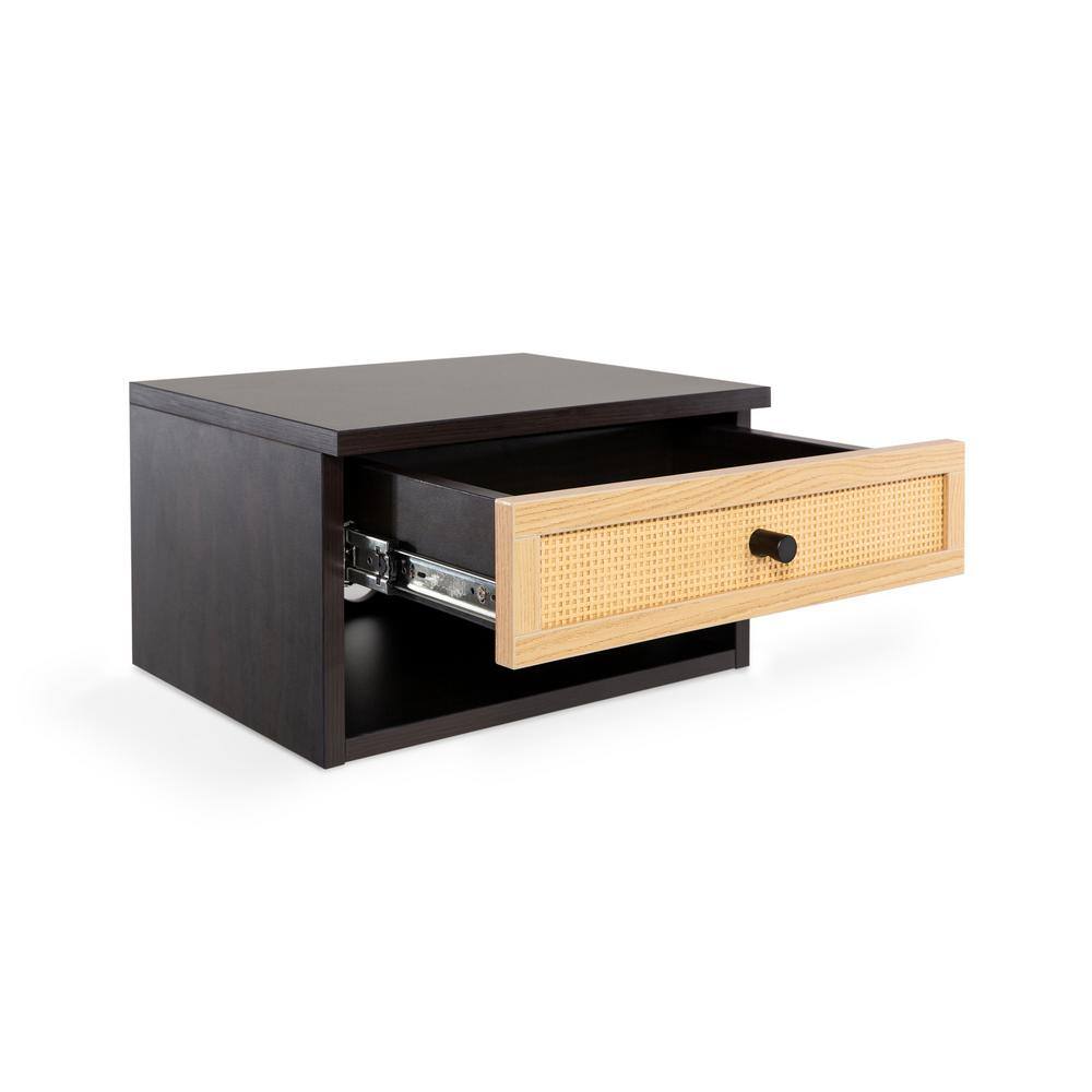 Celerie Black and Light Oak Floating Nightstand with Rattan Drawer