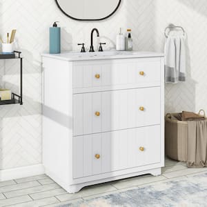 30 in. W x 18 in. D x 34 in. H Freestanding Bath Vanity in White with White Ceramic Single Sink and Top, Two Drawers