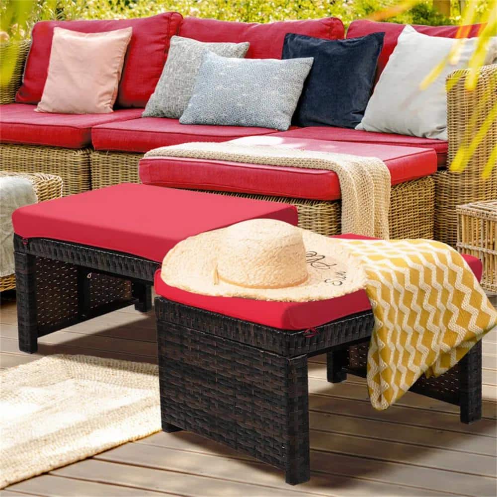 Red Wicker Outdoor Storage Stool without Sunshade with Red Cushion