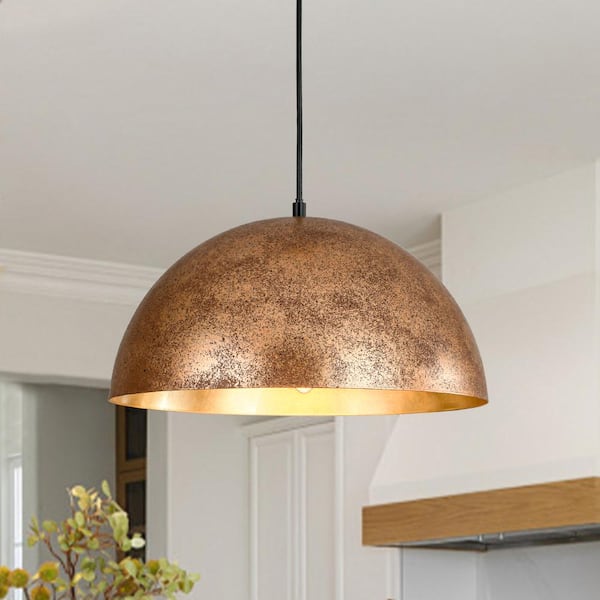 PCover 1-Light Industrial 15 in. Rust Finish Pendant Light w/ Hand-Applied Gold Leaf Interior Vintage Dome Ceiling Light