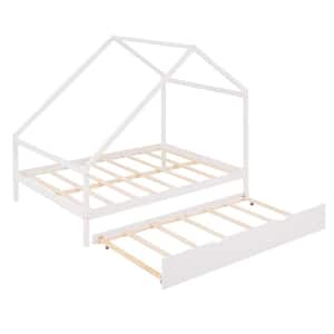 White Full Size House Bed with Trundle, Wood Full Platform Bed Frame with Roof for Kids Boys Girls, No Box Spring Needed