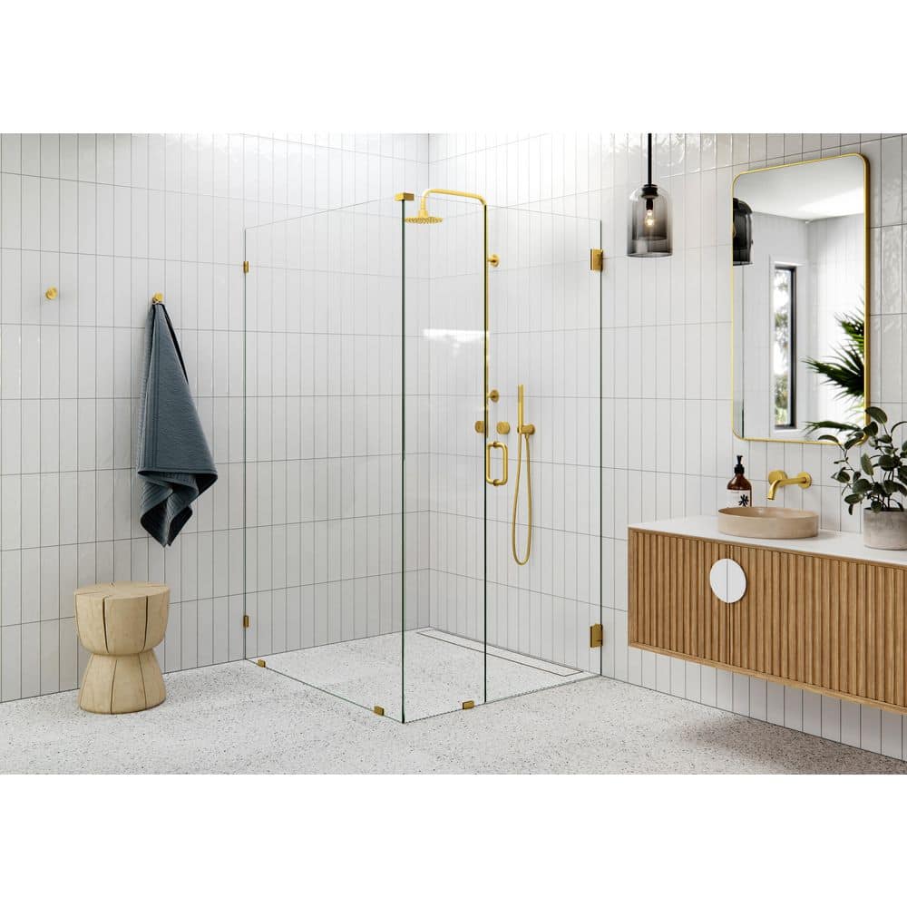 78" Frameless Clear Glass Shower Enclosure with Satin Brass Finish
