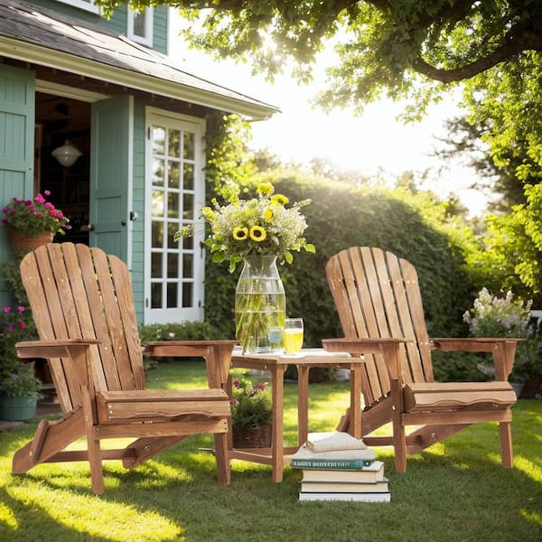 Outdoor Folding Light Brown Wood Adirondack Chairs Oversized Patio Chair Poly Lumber (Set of 2)