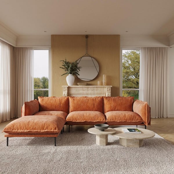 111.02 in. Square Arm 4-Piece Cloud Velvet L-Shaped Down Feather Oversized Sectional Sofa with Ottoman in. Orange