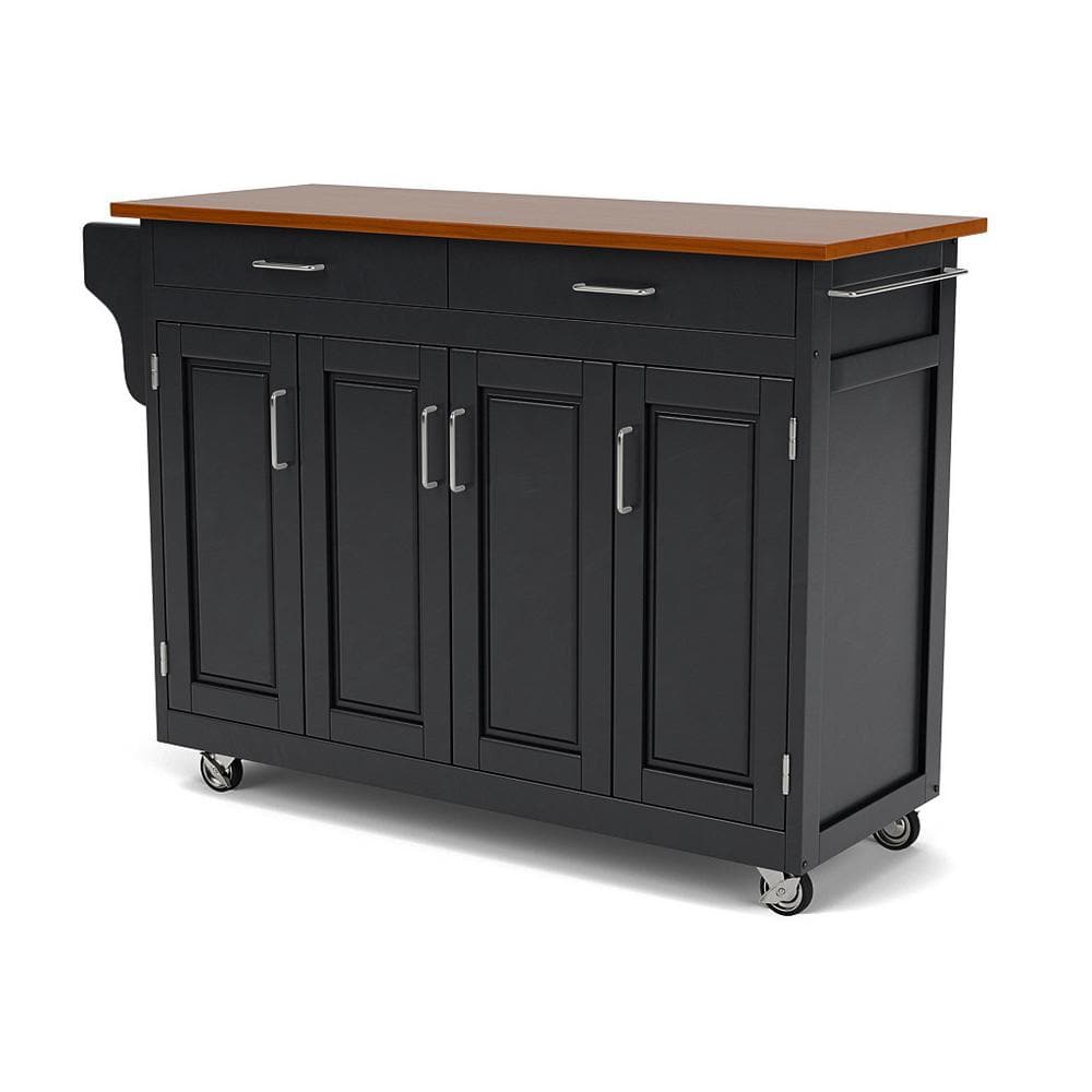 Black Wood Kitchen Cart with Oak Top and Storage