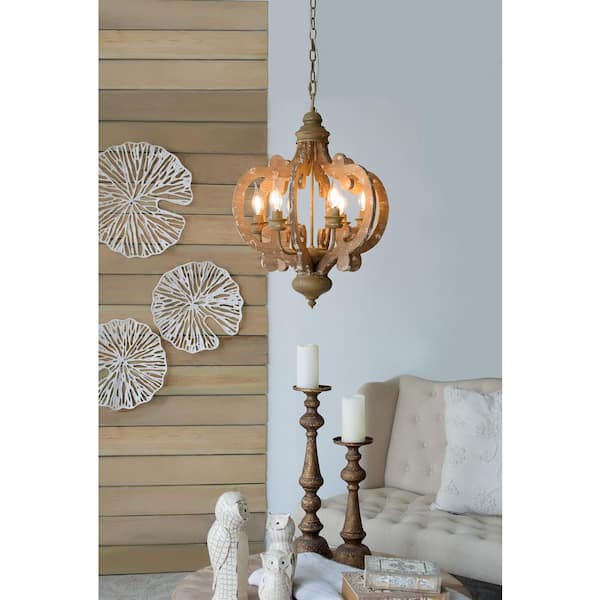 CottaIron 6-Light Distressed Brown Pendant with Adjustable Chain Wood Chandelier for Hallway, with No Bulbs Included