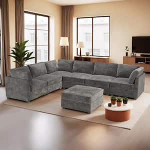 130 in. Square Arm Modern 7-Piece Plush Corduroy L-Shape Free Combination Modular Sectional Sofa in Gray with Ottoman