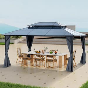 12 ft. x 16 ft. Aluminum Double-Roof Polycarbonate Hardtop Outdoor Patio Permanent Gazebo with Netting and Curtains