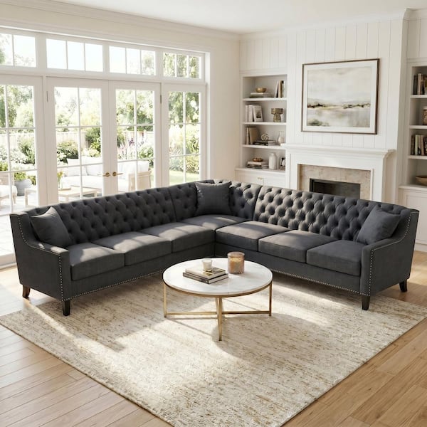 Riley Chesterfield Sofa 103.15 in. Fabric L-Shaped Sectional Sofa in Grey with Tufted Back, Nailhead Trim