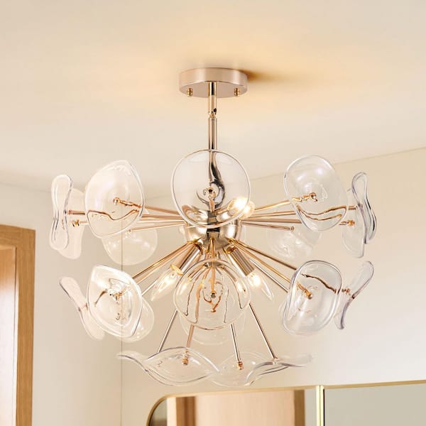 Naveen 22.8 in. 4-Light Gold Glass Cluster, Modern Sunburst Sputnik Sphere Semi-Flush Mount Light with Clear Glass Sheet