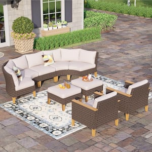 Brown Rattan Wicker 9 Seat 9-Piece Steel Patio Outdoor Sectional Set with Beige Cushions