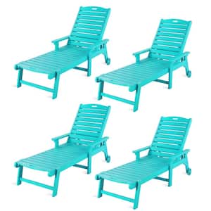 Helen Aruba Blue Recycled Plastic Plywood Outdoor Reclining Chaise Lounge Chairs with Wheels for Pools Patio(set of 4)