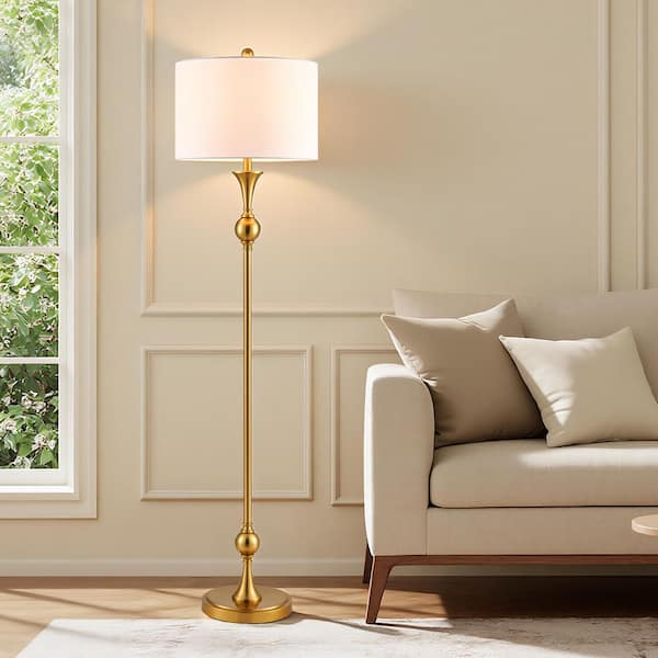 60 in. Brushed Gold 1-Light Standard Floor Lamp for Living Room with Fabric Drum Shade