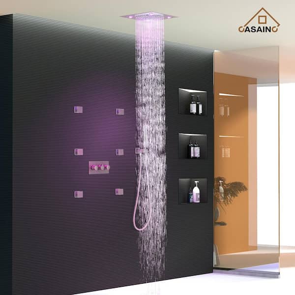 3-Spray 12 in. LED Dual Shower Head Ceiling Mount Fixed and Handheld Shower Head 1.5 GPM with 6-Jets in Brushed Nickel