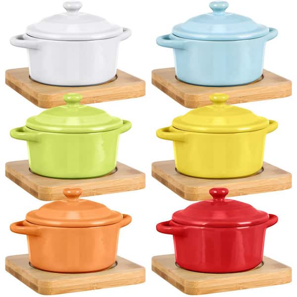 6-Piece Round Ceramic Mini Cocotte Set with Lid and Wooden Base Colorful Pumpkin Baking Ramekins Soup Bowls
