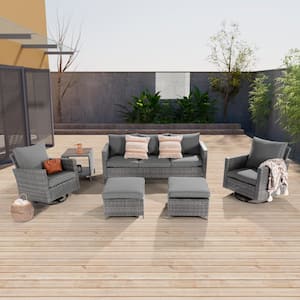 6-Piece Gray Wicker Outdoor Seating Sofa Set with Swivel Rocking Chairs, Gray Cushion