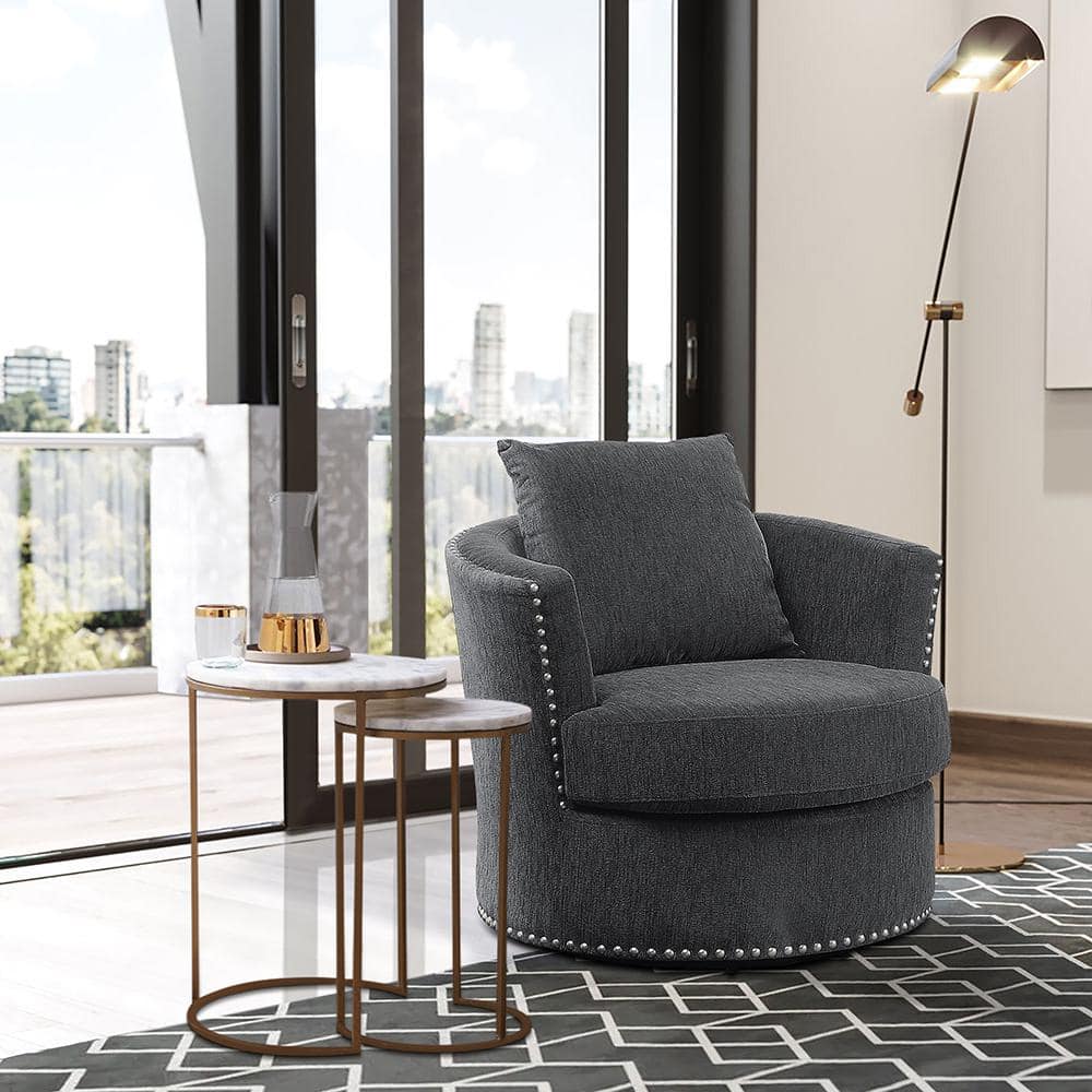 Charcoal Gray Chenille Barrel Swivel Accent Chair