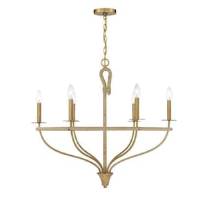 Charter 32 in. W x 28 in. H 6-Light Warm Brass and Rope Chandelier