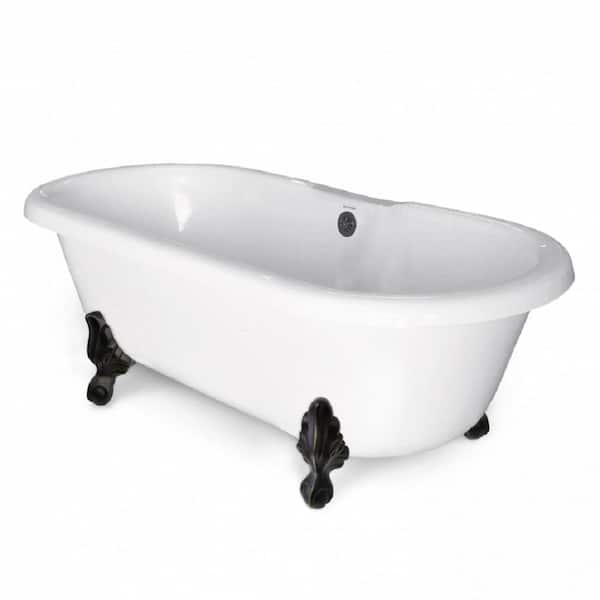 American Bath Factory 60 in. Acrylic Double Clawfoot Non-Whirlpool Bathtub in White w/ Large Ball and Claw Feet in Old World Bronze