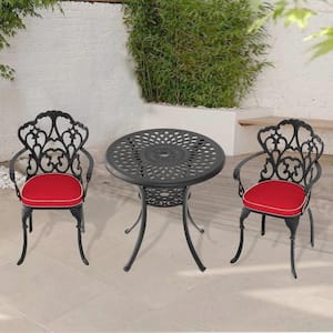 3-Piece Black Cast Aluminum Outdoor Dining Set, Patio Furniture with 30.71 in. Round Table and Random Color Cushions