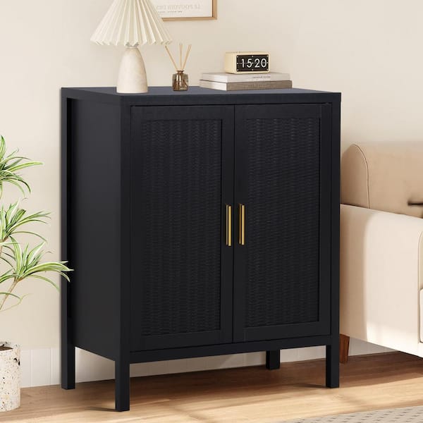 ATHMILE Black Wooden 29 in. W 2-Door Carved Rattan sideboard Buffet Cabinet with adjustable shelves