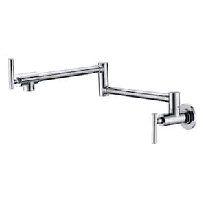 Wall Mount Pot Filler Faucet Kitchen Sink Faucet with Double Joint Swing Arms Handles and Cartridges in Brushed Nickel