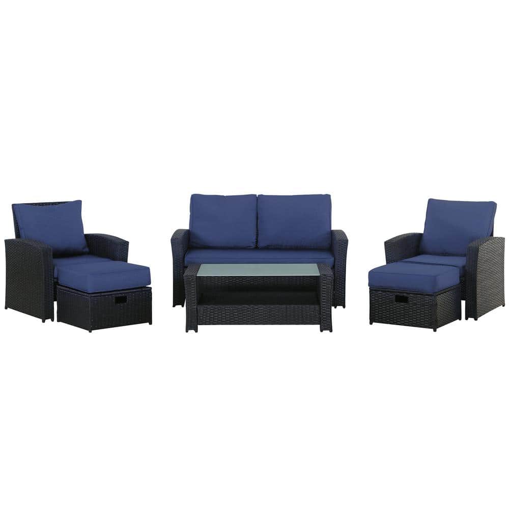 Black 6-Piece Patio Rattan Outdoor Sofa With Coffee Table, Ottoman and Blue