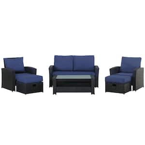 Black 6-Piece Patio Rattan Outdoor Sofa With Coffee Table, Ottoman and Blue Cushions Set for Patio, Yard and Pool