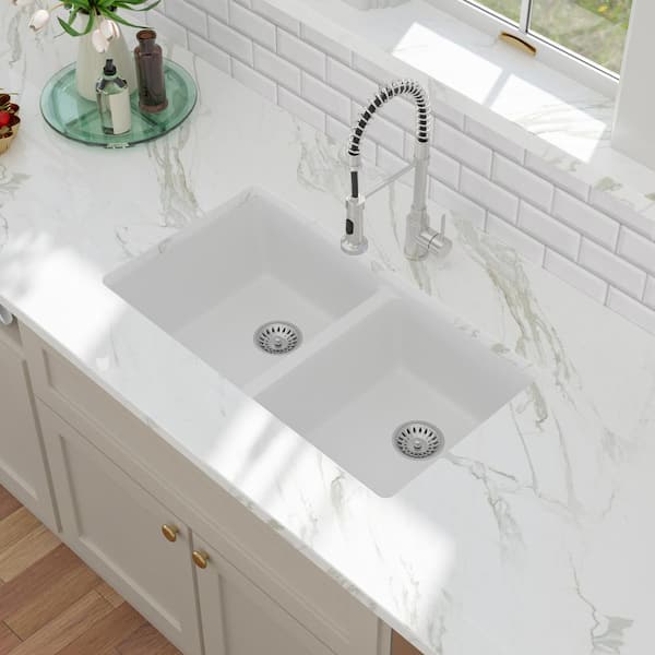 Sarlai 33 in. Low Divide Undermount Double Bowl White Granite