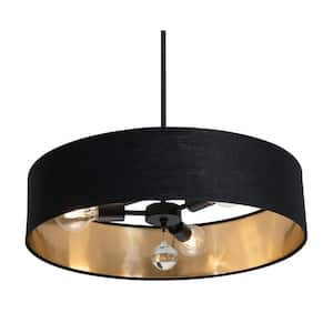 Celine 60-Watt 3-Light Black Shaded Pendant Light with Fabric Shade and No Bulbs Included