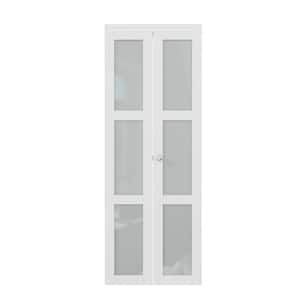 30 in. x 80 in. 3-Lite Frosting Glass Solid Core MDF White Finished Closet Bifold Door with Hardware