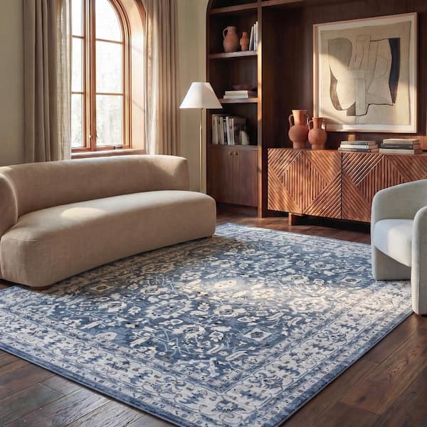 Charleston Navy/Cream 10 ft. x 14 ft. Floral Border Area Rug