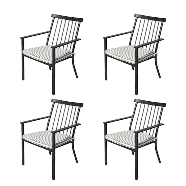Cisvio Set of 4 Outdoor Patio Chairs Integrated Stackable Wrought Iron Furniture Dining Chairs with Arms and Cushions