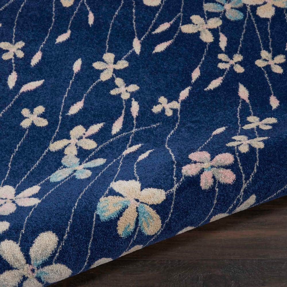 Handmade Navy Floral Viscose Round Area Rug, 63" Diameter