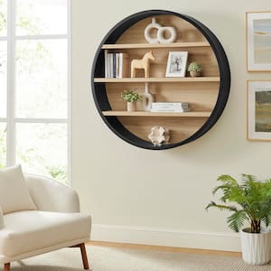 Romy 47 in. Tall Round Wall 3 Tier Bookcase Shelf in Black Natural