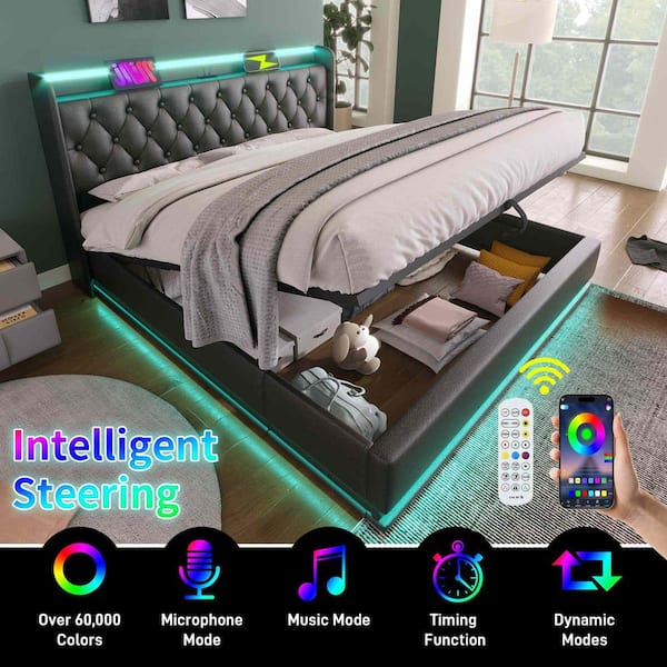 Black Wood Frame Full Size PU Leather Upholstered Platform Bed with Surround 360 LED Function and USB Type-C charging