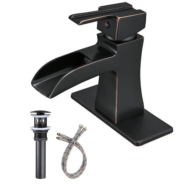 BWE Waterfall Single Hole Single-Handle Low-Arc Bathroom Faucet with drain assembly in Oil Rubbed Bronze