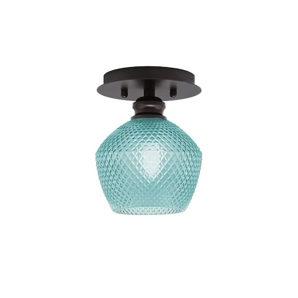 Unbranded Albany 1-Light 6 in. Espresso Semi-Flush with Turquoise Textured Glass Shade