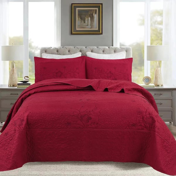 MarCielo 563 Red Embroidery Flower Queen Polyester Quilt Bedspread Set