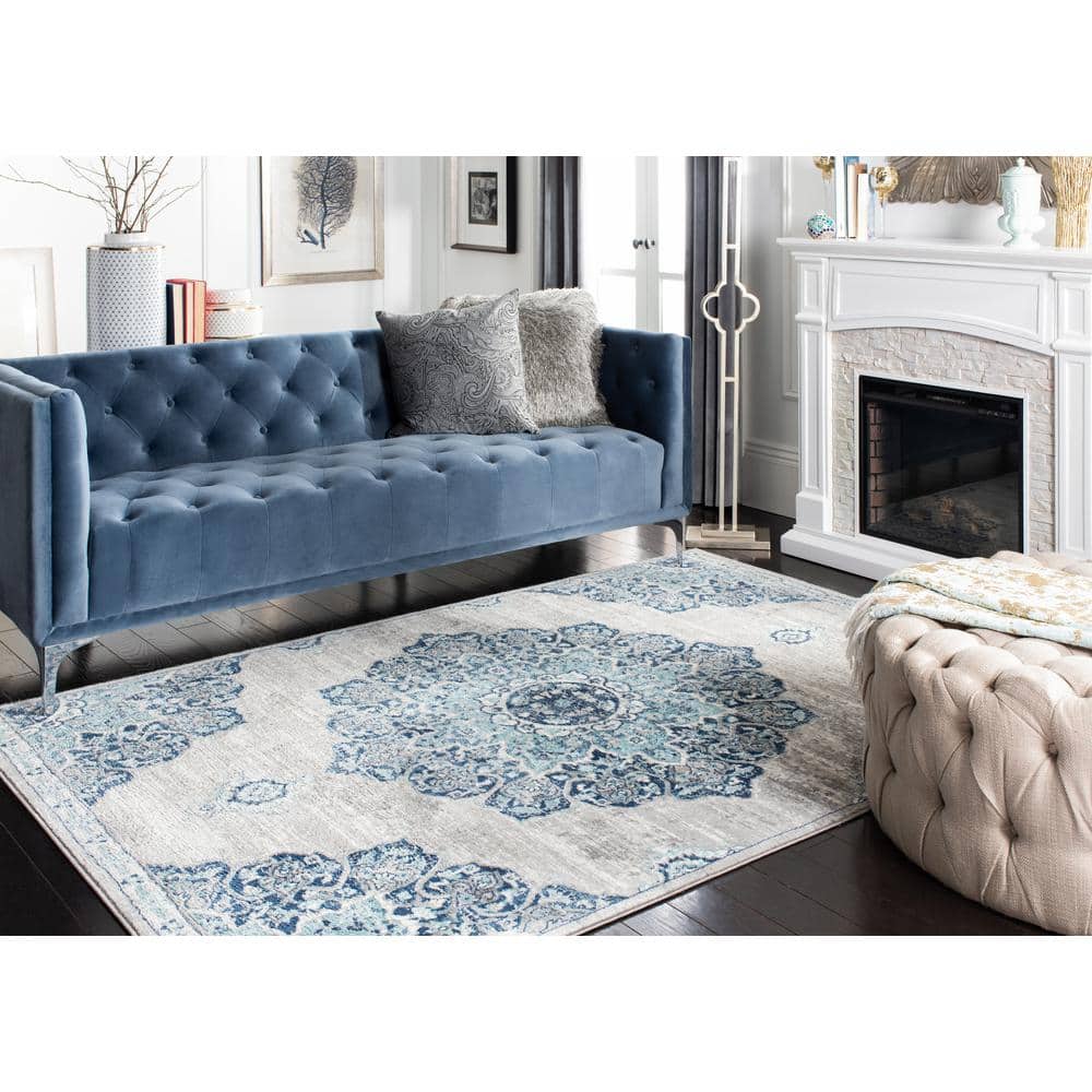 Brentwood Navy and Gray Floral 11' x 15' Synthetic Area Rug