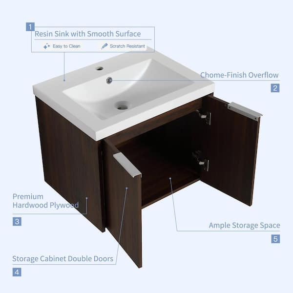 23.6 in. W X 18.1 in. D x 19.3 in. H Floating Bath Vanity in California Walnut with White Resin Vanity Top