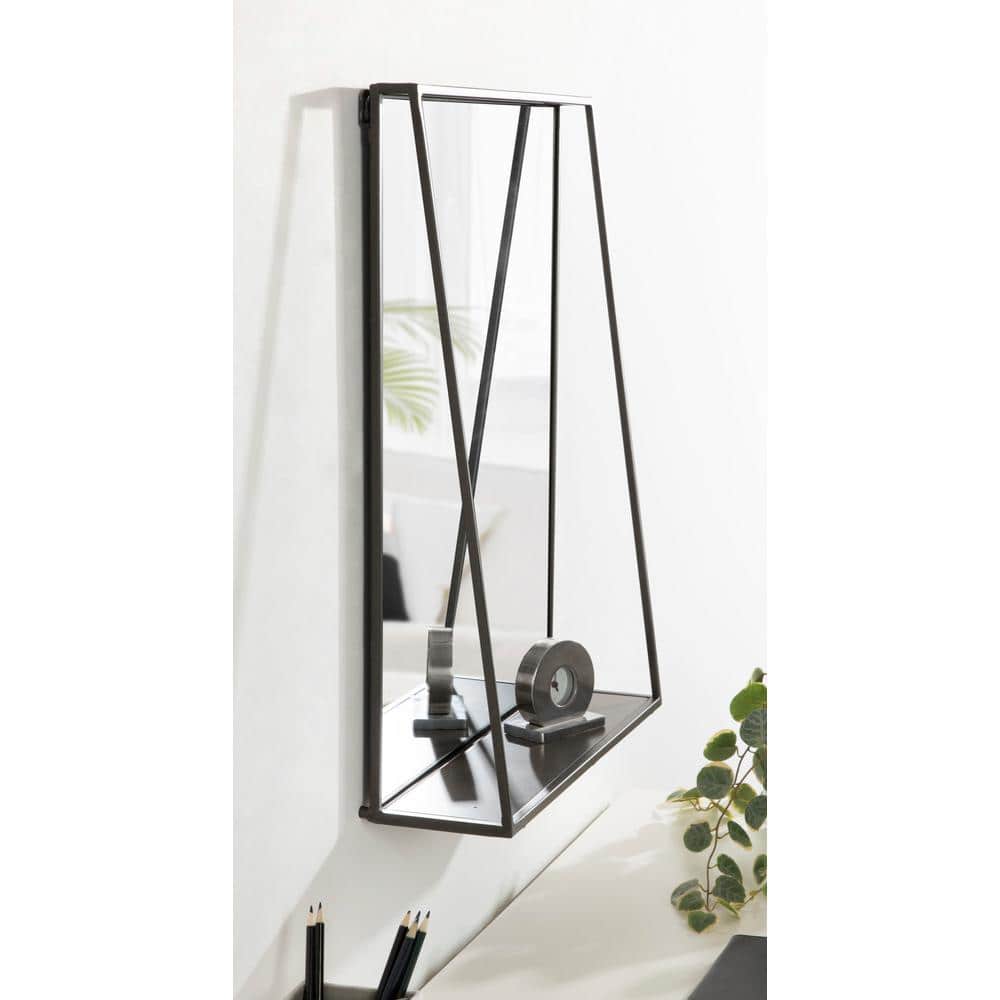 Charcoal Rectangular Metal Wall Mirror with Functional Shelf
