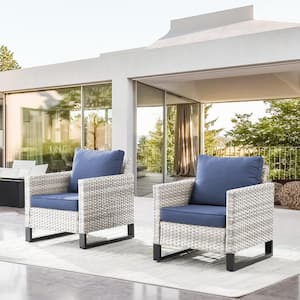 VALLEYDALE Metal and Light Beige Wicker Outdoor Lounge Chair with Olefin Navy Blue Cushions (2-Pack)