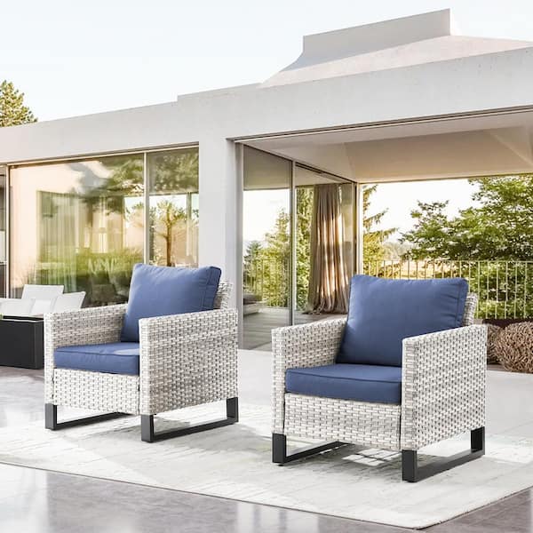 Opohoro U-Weave Metal and Light Beige Wicker Outdoor Lounge Chair with Olefin Navy Blue Cushions (2-Pack)