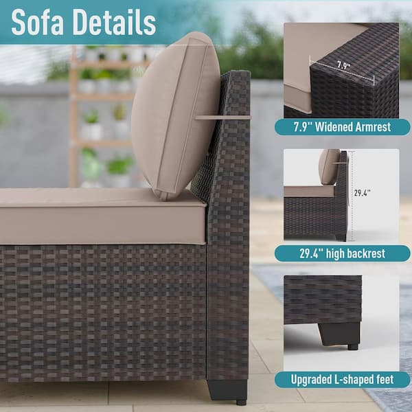 6-Piece Wicker Outdoor Sectional Set with Glass Coffee Table and Sand Cushions