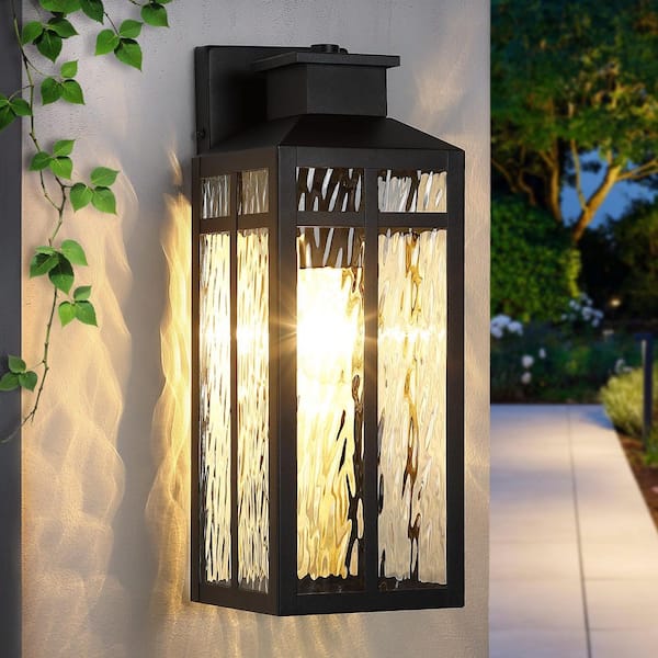 15 in. 1-Light Black Outdoor Hardwired Wall Lantern Sconce Light with Ripple Tempered Glass, No Bulbs Included