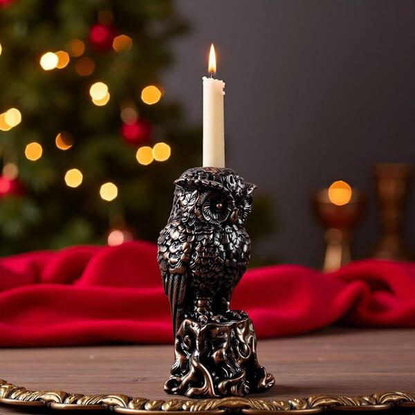 Black Resin Christmas Owl Candle Holder Witchy Xmas Decor Occult
