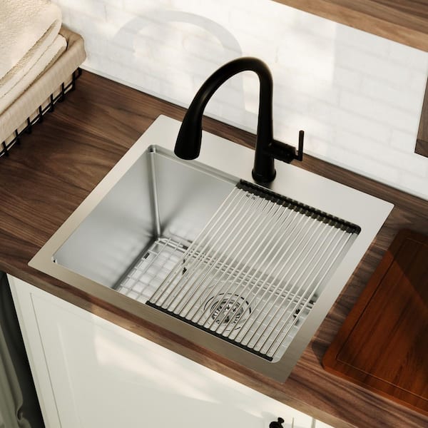 25 in. Drop-In Single Bowl 16-Gauge Stainless Steel Workstation Kitchen Sink with Deeper Bowl