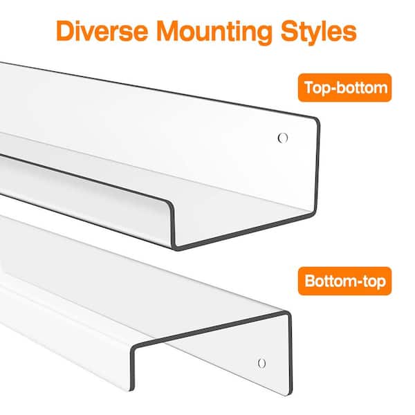 Clear Acrylic Floating Wall Shelves, Two Pack, 15 Inch Wall