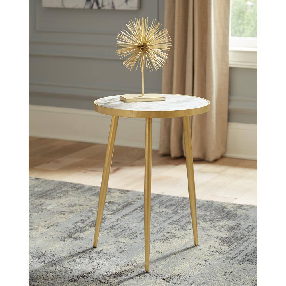 Elegant Transitional Round Stone and Metal Side Table in Gold
